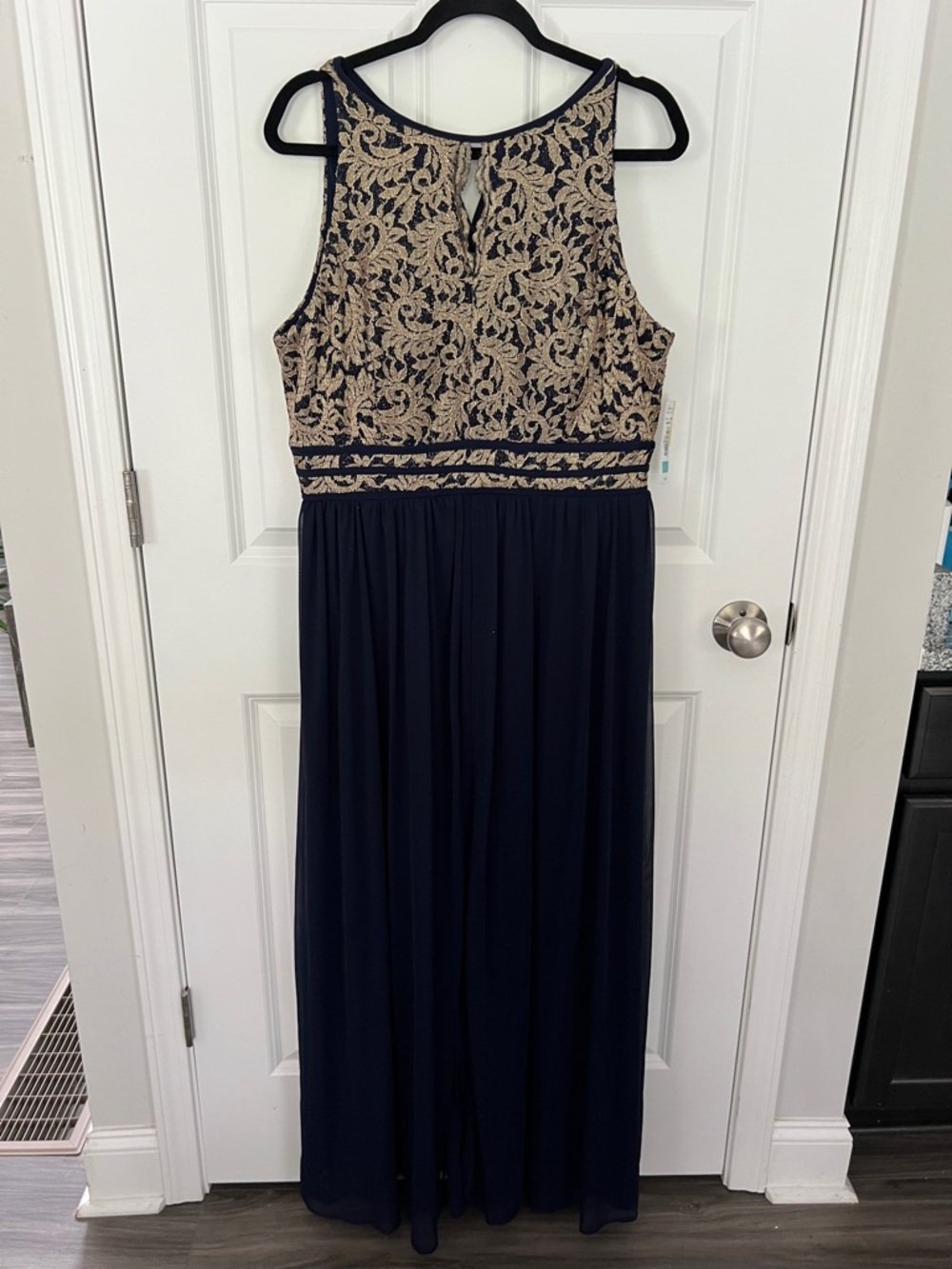 R&M Richards Navy and‎ Gold Lace Maxi Dress